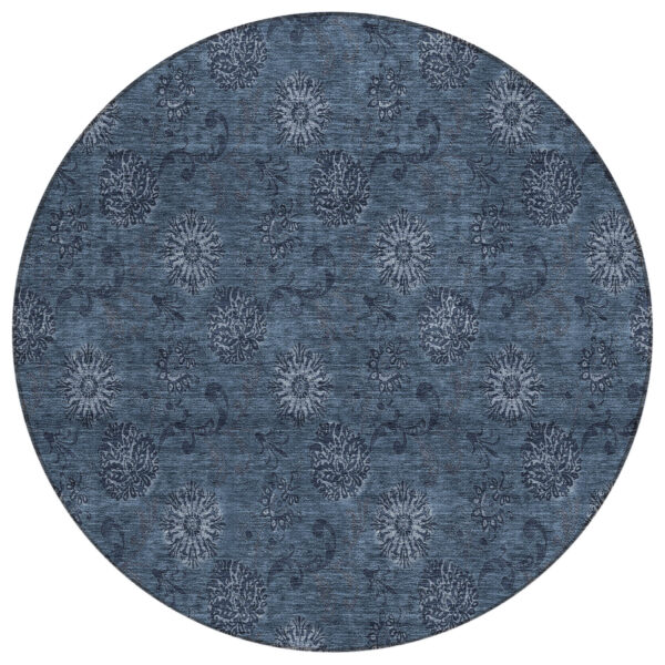 8' Blue And Navy Blue Round Floral Washable Indoor Outdoor Area Rug