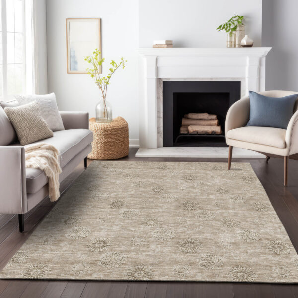 3' X 5' Khaki Beige And Tan Floral Washable Indoor Outdoor Area Rug
