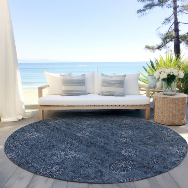 8' Blue And Navy Blue Round Floral Washable Indoor Outdoor Area Rug