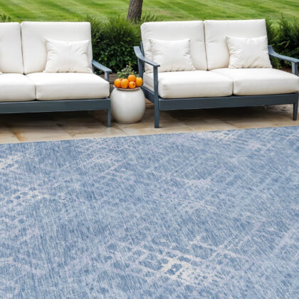 10' X 14' Sky Blue And Denim Blue Geometric Washable Indoor Outdoor Area Rug