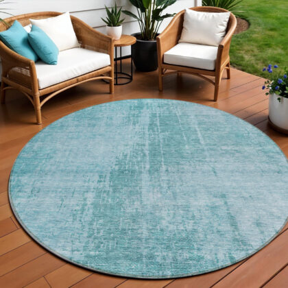 8' Aqua Teal Blue And Gray Round Abstract Washable Indoor Outdoor Area Rug