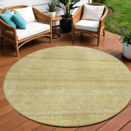 8' Gold Wheat And Beige Round Striped Washable Indoor Outdoor Area Rug