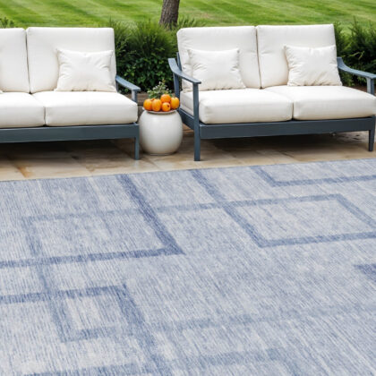 9' X 12' Sky Blue And Denim Blue Geometric Washable Indoor Outdoor Area Rug
