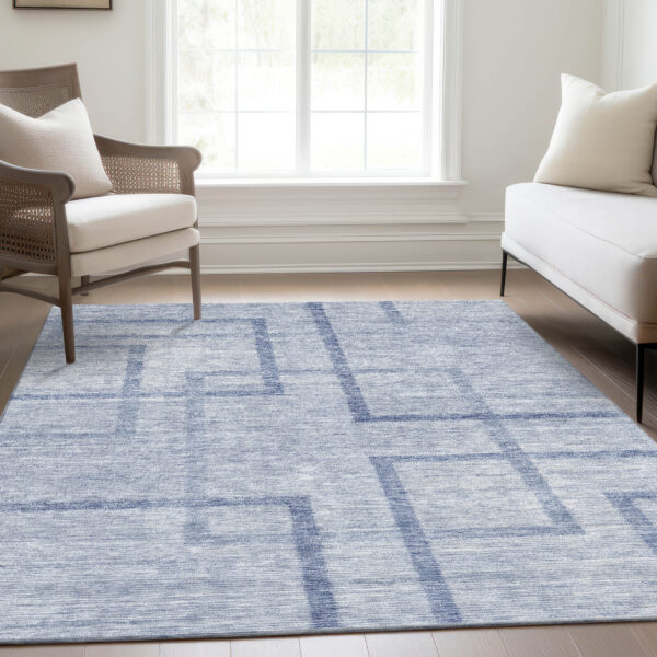 9' X 12' Sky Blue And Denim Blue Geometric Washable Indoor Outdoor Area Rug