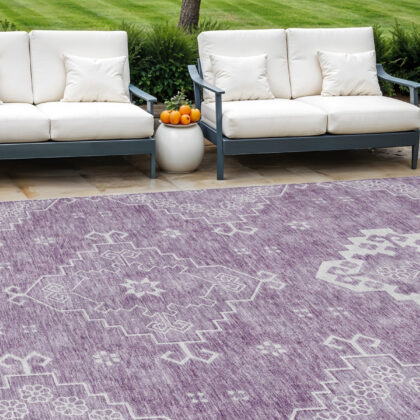 8' X 10' Lavender Plum And Ivory Medallion Washable Indoor Outdoor Area Rug