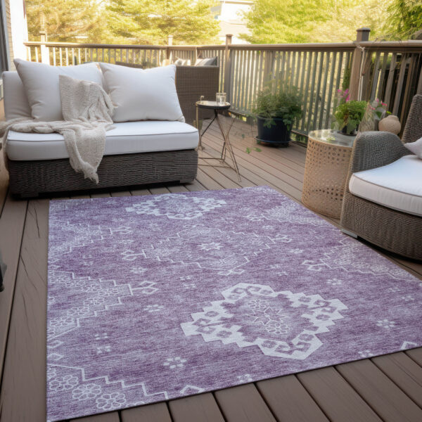 8' X 10' Lavender Plum And Ivory Medallion Washable Indoor Outdoor Area Rug