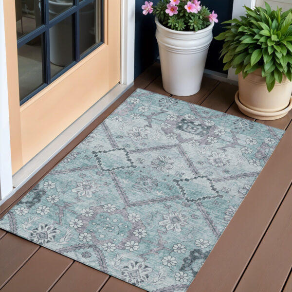 3' X 5' Teal Blue Aqua And Gray Floral Washable Indoor Outdoor Area Rug