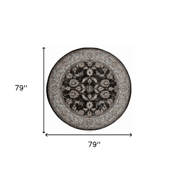 6' Black Round Floral Power Loom Area Rug