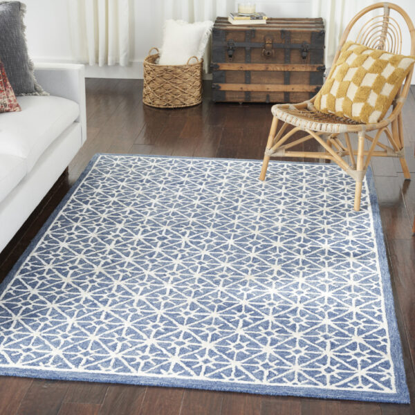 5' x 7' Blue and Off White Geometric Hand Tufted Area Rug