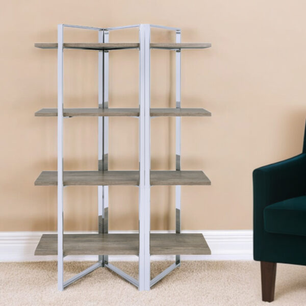 Brown And Silver Metal Four Tier Etagere Bookcase
