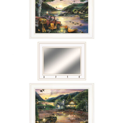 Set Of Three Lakefront Camping 1 White Framed Print Wall Art
