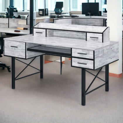 59" Antiqued White and Black Computer Desk With Five Drawers