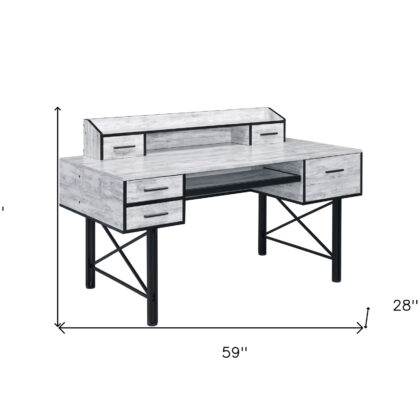 59" Antiqued White and Black Computer Desk With Five Drawers