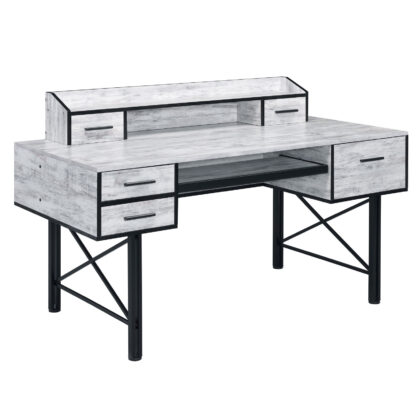 59" Antiqued White and Black Computer Desk With Five Drawers