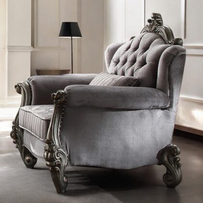 44" Gray And Platinum Velvet Floral Tufted Club Chair