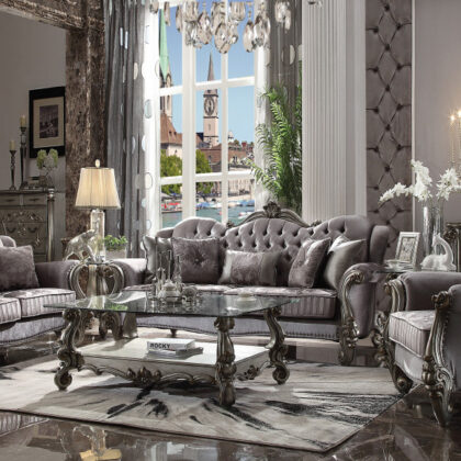 44" Gray And Platinum Velvet Floral Tufted Club Chair