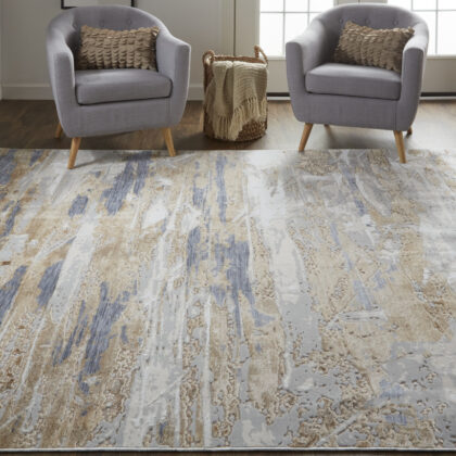 5' X 8' Tan Orange And Ivory Abstract Power Loom Distressed Area Rug
