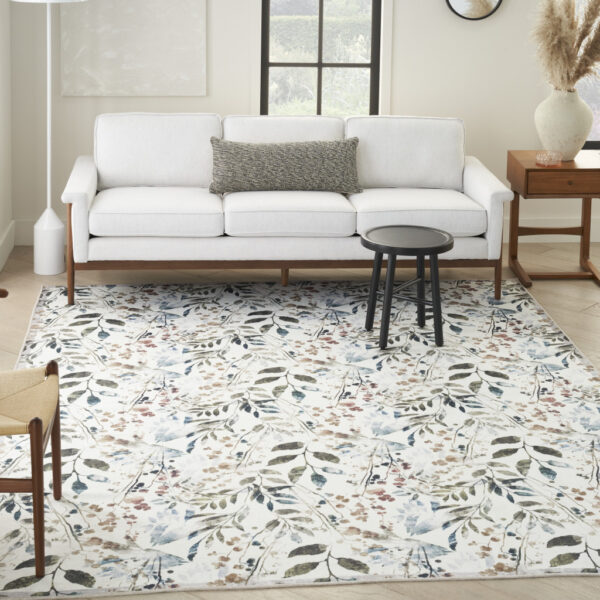 5' x 7' Ivory Green and Red Floral Power Loom Washable Non Skid Area Rug