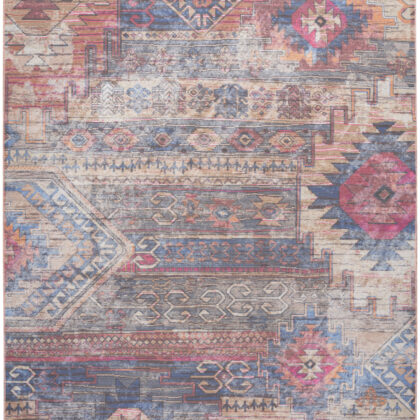 8' x 10' Blue and Red Geometric Power Loom Distressed Washable Area Rug
