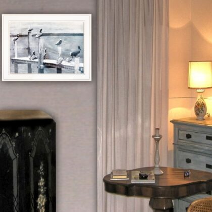 Birds On A Pier 2 White Framed Print Wall Art