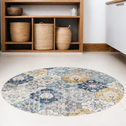 5' Blue and Gray Round Geometric Washable Non Skid Area Rug