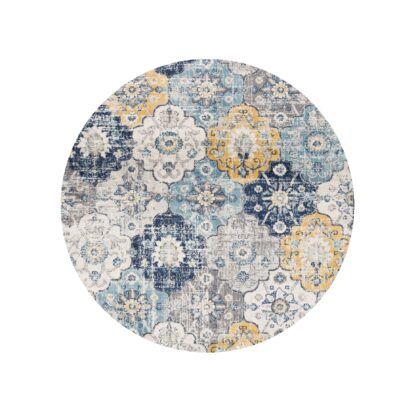 5' Blue and Gray Round Geometric Washable Non Skid Area Rug