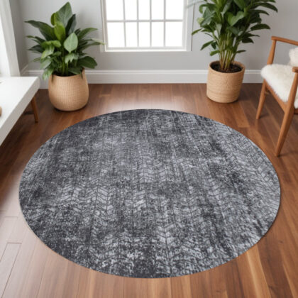 8' Black and Gray Round Chevron Non Skid Area Rug