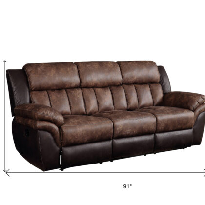 91" Espresso And Black Microfiber Reclining Sofa