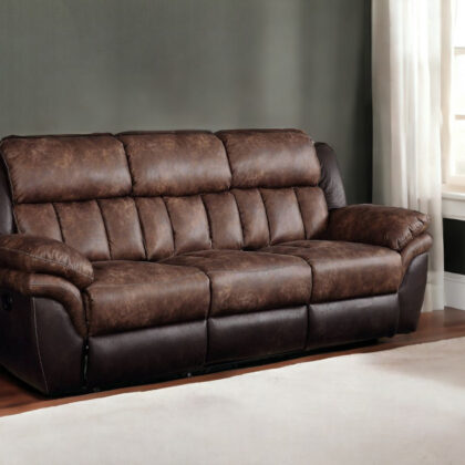 91" Espresso And Black Microfiber Reclining Sofa