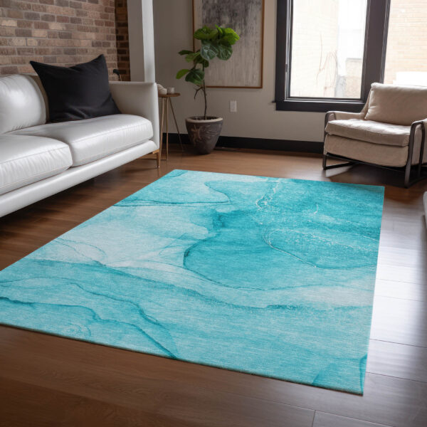 3' X 5' Teal Abstract Washable Non Skid Indoor Outdoor Area Rug