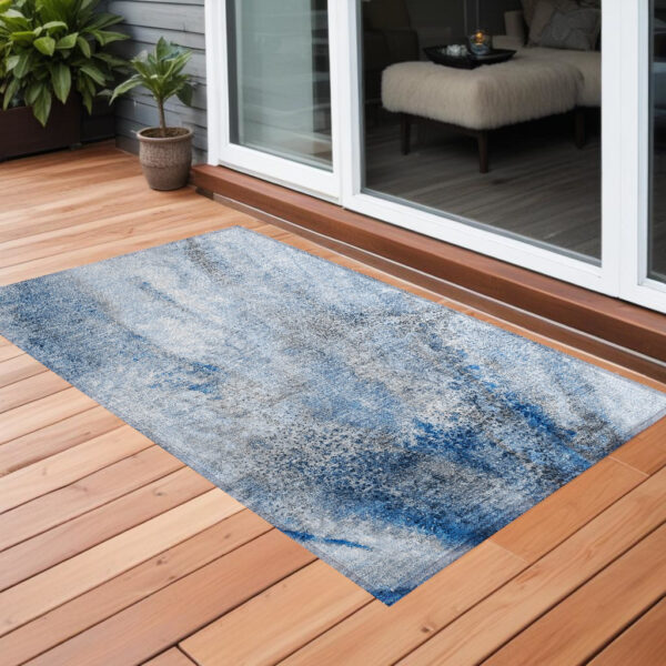 2' X 3' Ivory Blue and Gray Abstract Washable Non Skid Indoor Outdoor Area Rug