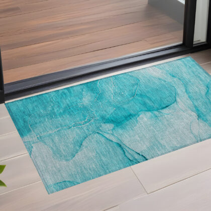 3' X 5' Teal Abstract Washable Non Skid Indoor Outdoor Area Rug