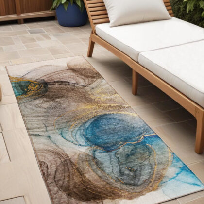 8' Runner Beige Abstract Washable Non Skid Indoor Outdoor Runner Rug