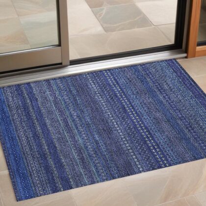 3' X 5' Navy Blue Striped Washable Non Skid Indoor Outdoor Area Rug