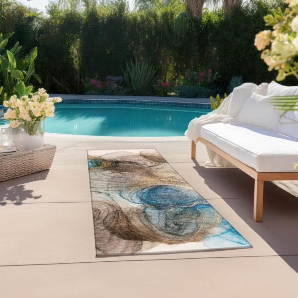 8' Runner Beige Abstract Washable Non Skid Indoor Outdoor Runner Rug