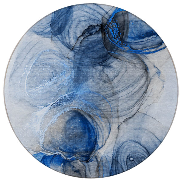 8' Round Ivory Blue and Gray Round Abstract Washable Non Skid Indoor Outdoor Area Rug