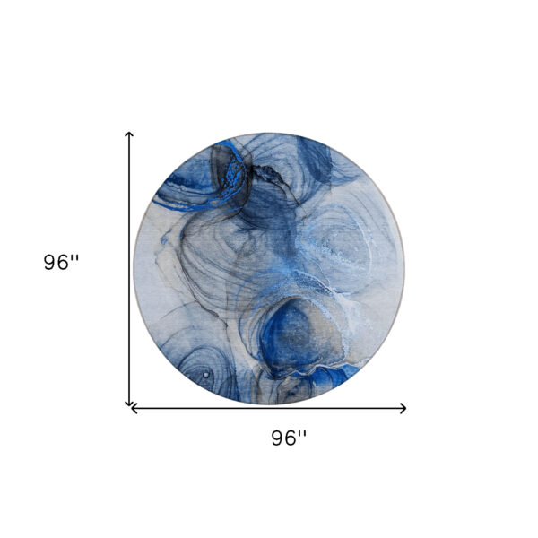 8' Round Ivory Blue and Gray Round Abstract Washable Non Skid Indoor Outdoor Area Rug