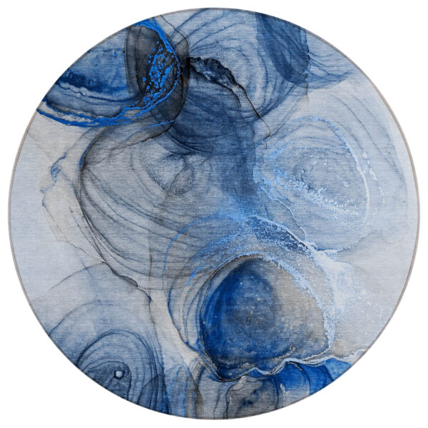 8' Round Ivory Blue and Gray Round Abstract Washable Non Skid Indoor Outdoor Area Rug