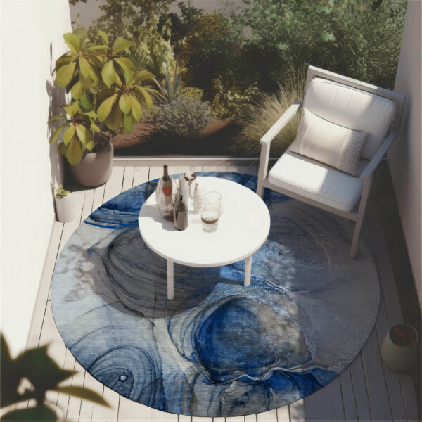 8' Round Ivory Blue and Gray Round Abstract Washable Non Skid Indoor Outdoor Area Rug