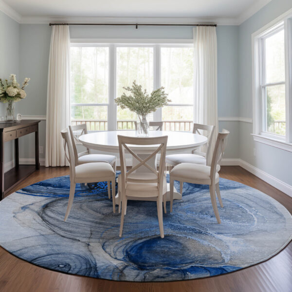 8' Round Ivory Blue and Gray Round Abstract Washable Non Skid Indoor Outdoor Area Rug