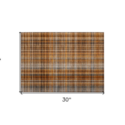 2' X 3' Orange Brown and Gray Plaid Washable Non Skid Indoor Outdoor Area Rug