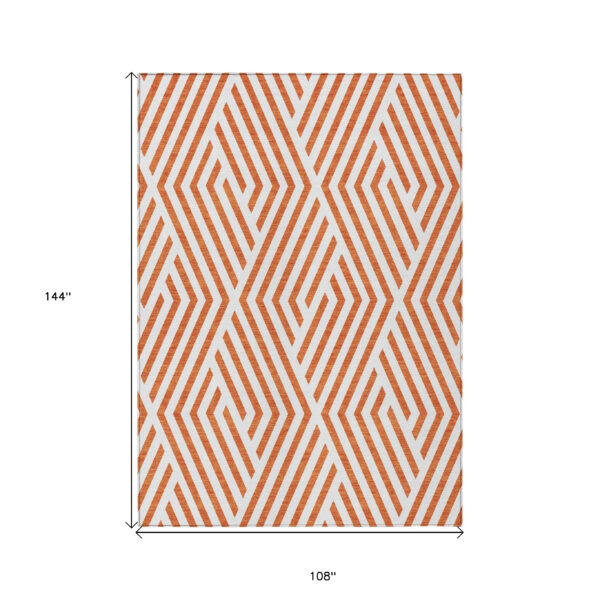 9' X 12' Orange and White Geometric Washable Non Skid Indoor Outdoor Area Rug