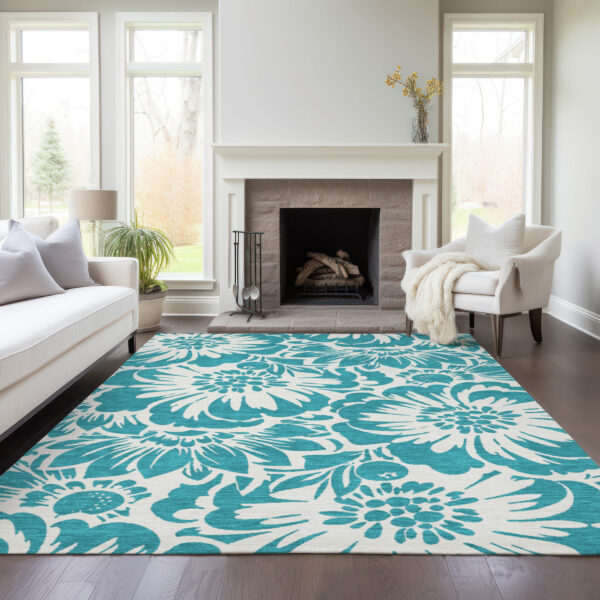 9' X 12' Teal and Ivory Floral Washable Non Skid Indoor Outdoor Area Rug