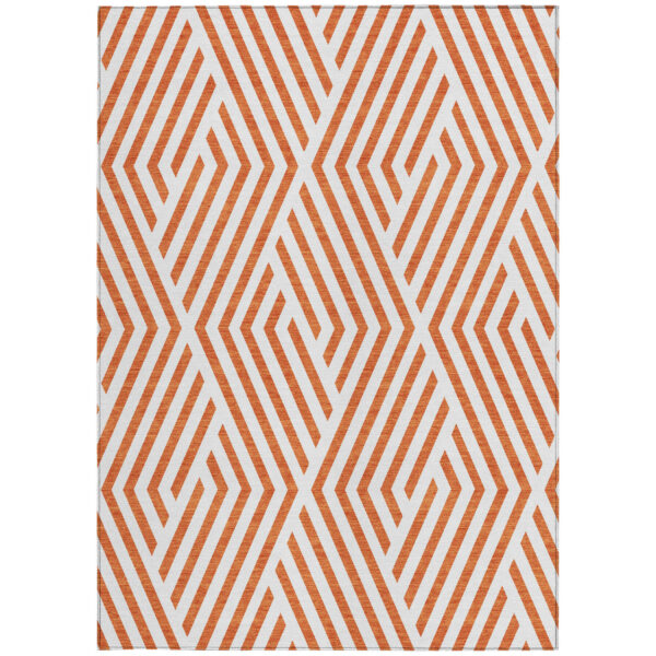 9' X 12' Orange and White Geometric Washable Non Skid Indoor Outdoor Area Rug