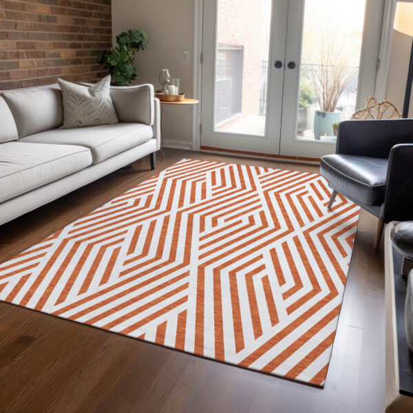 9' X 12' Orange and White Geometric Washable Non Skid Indoor Outdoor Area Rug