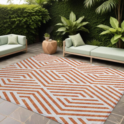 9' X 12' Orange and White Geometric Washable Non Skid Indoor Outdoor Area Rug