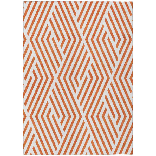 9' X 12' Orange and White Geometric Washable Non Skid Indoor Outdoor Area Rug