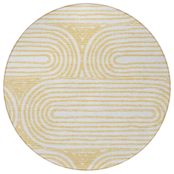 8' Round Gold and White Round Abstract Washable Non Skid Indoor Outdoor Area Rug