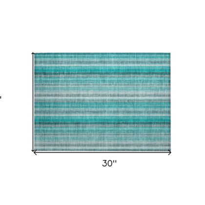 2' X 3' Teal and Gray Striped Washable Non Skid Indoor Outdoor Area Rug
