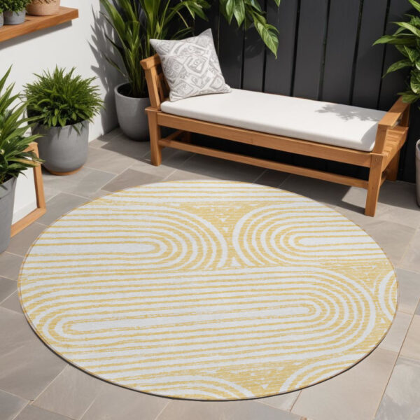 8' Round Gold and White Round Abstract Washable Non Skid Indoor Outdoor Area Rug